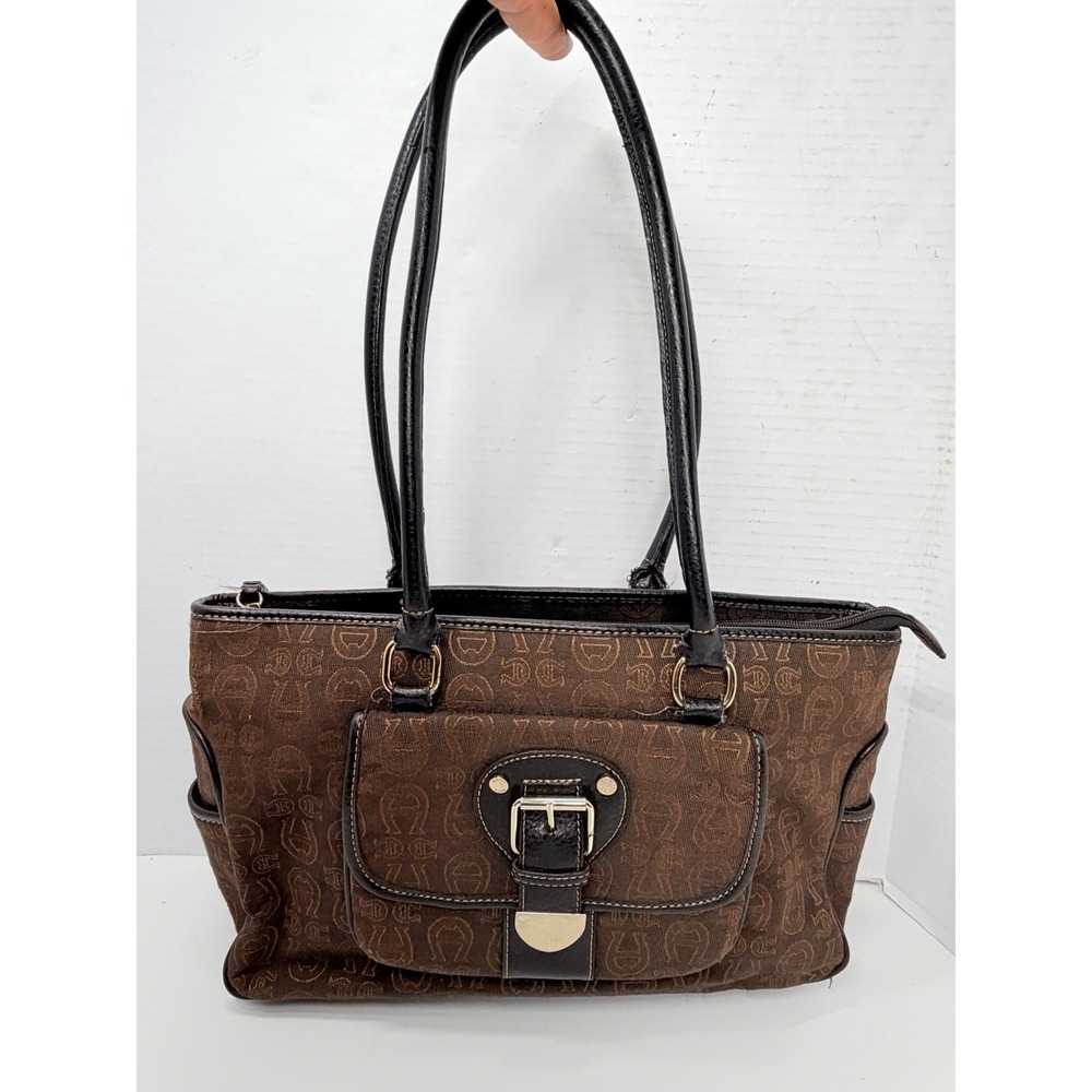 Etienne Aigner Signature Monogram Brown Jacquard Satchel Shoulder Bag Purse